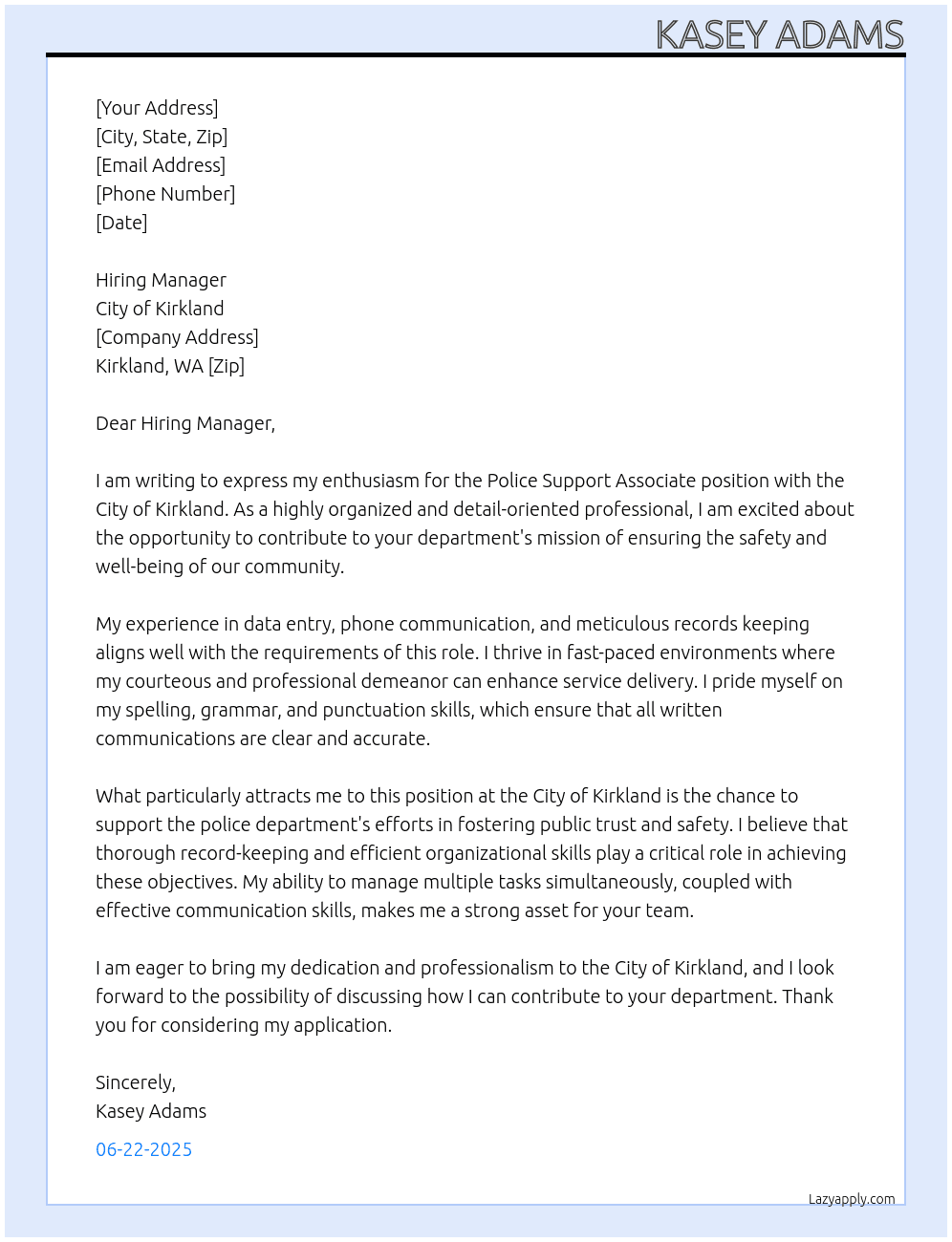 Police support associate  At City of Kirkland  Cover Letter