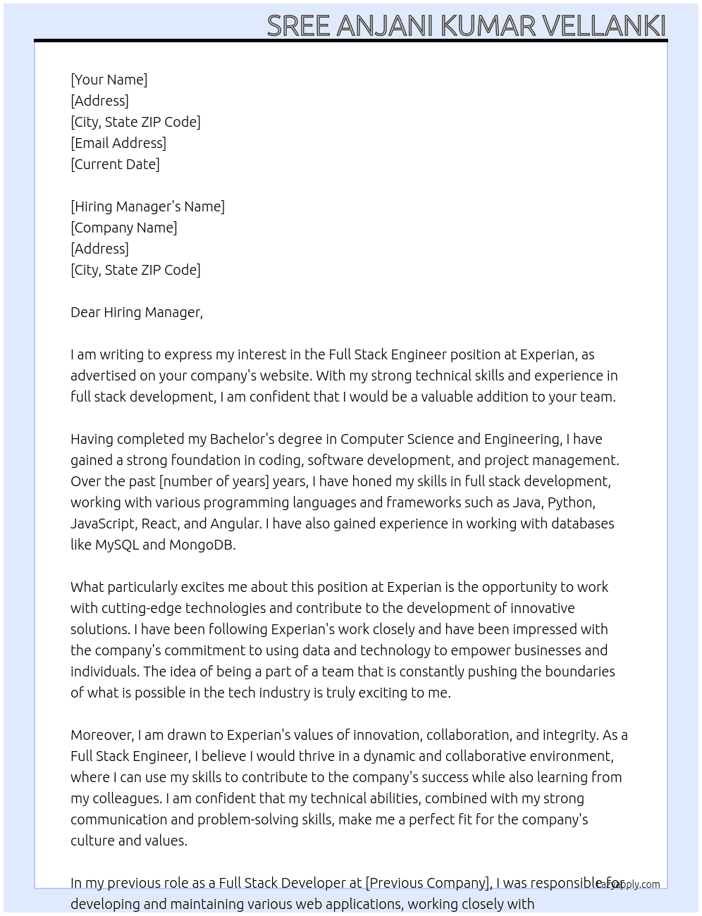 Full Stack Engineer At Experian Cover Letter