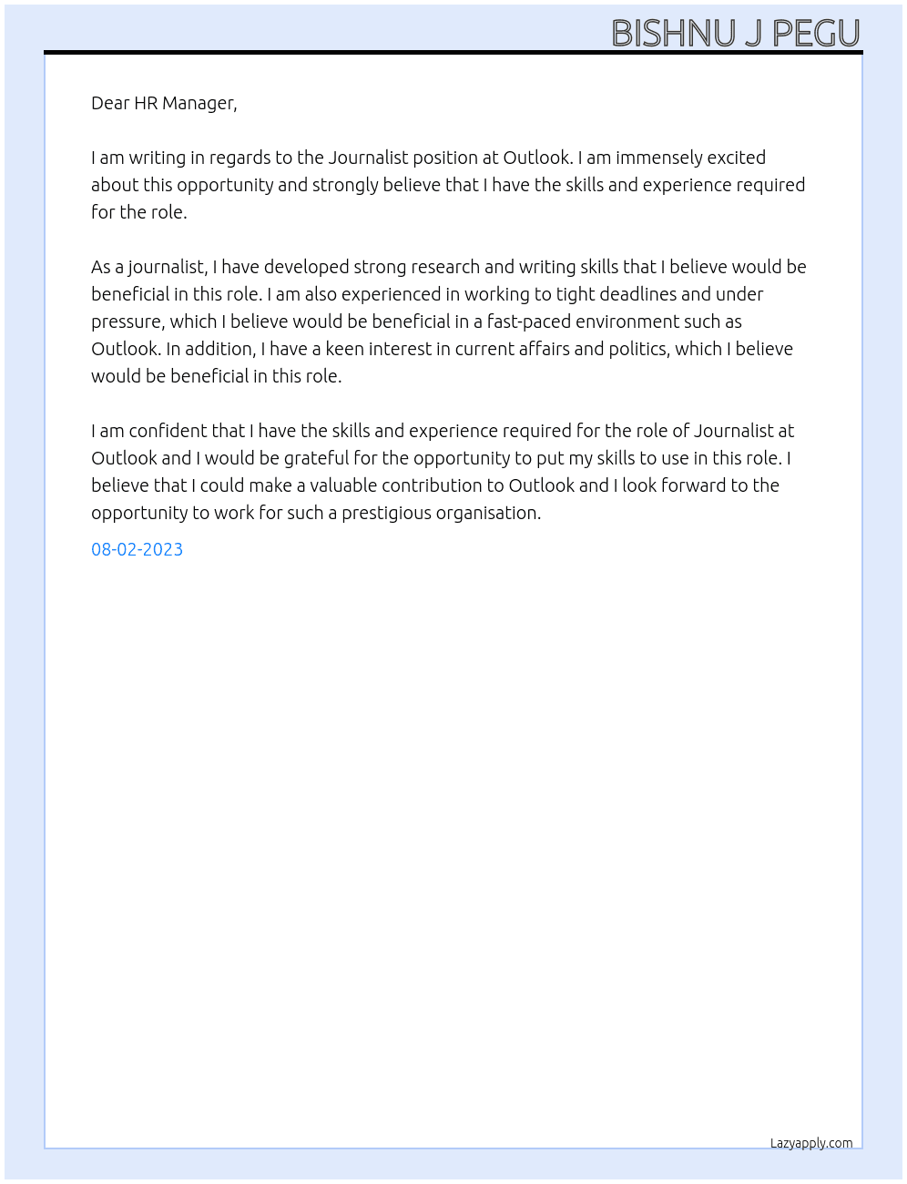 Journalist  At Outlook  Cover Letter