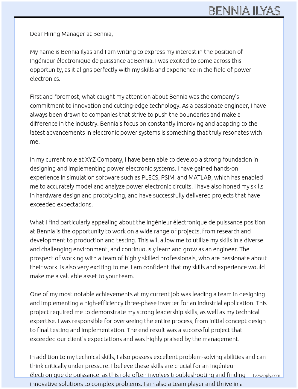 Ingénieur électronique de puissance  At Bennia  Cover Letter