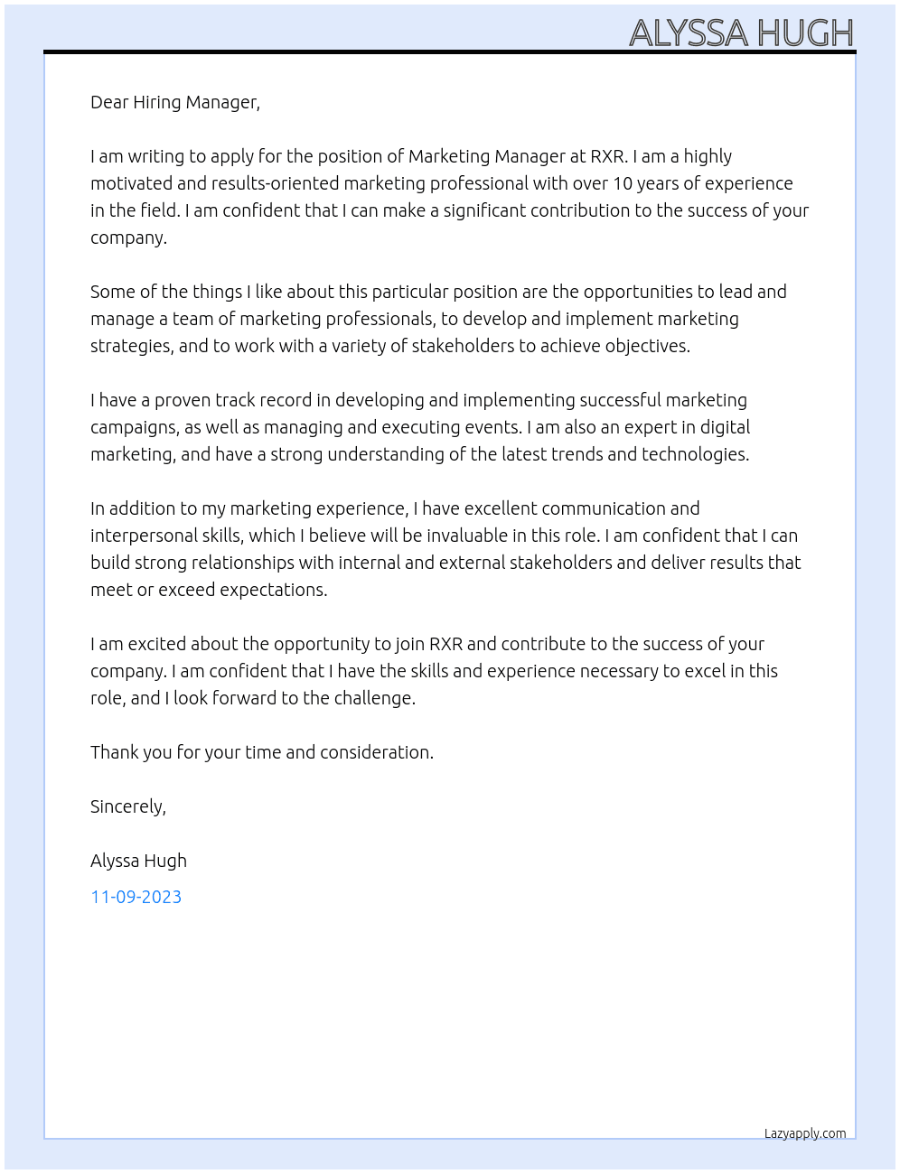 Marketing Manager At RXR Cover Letter