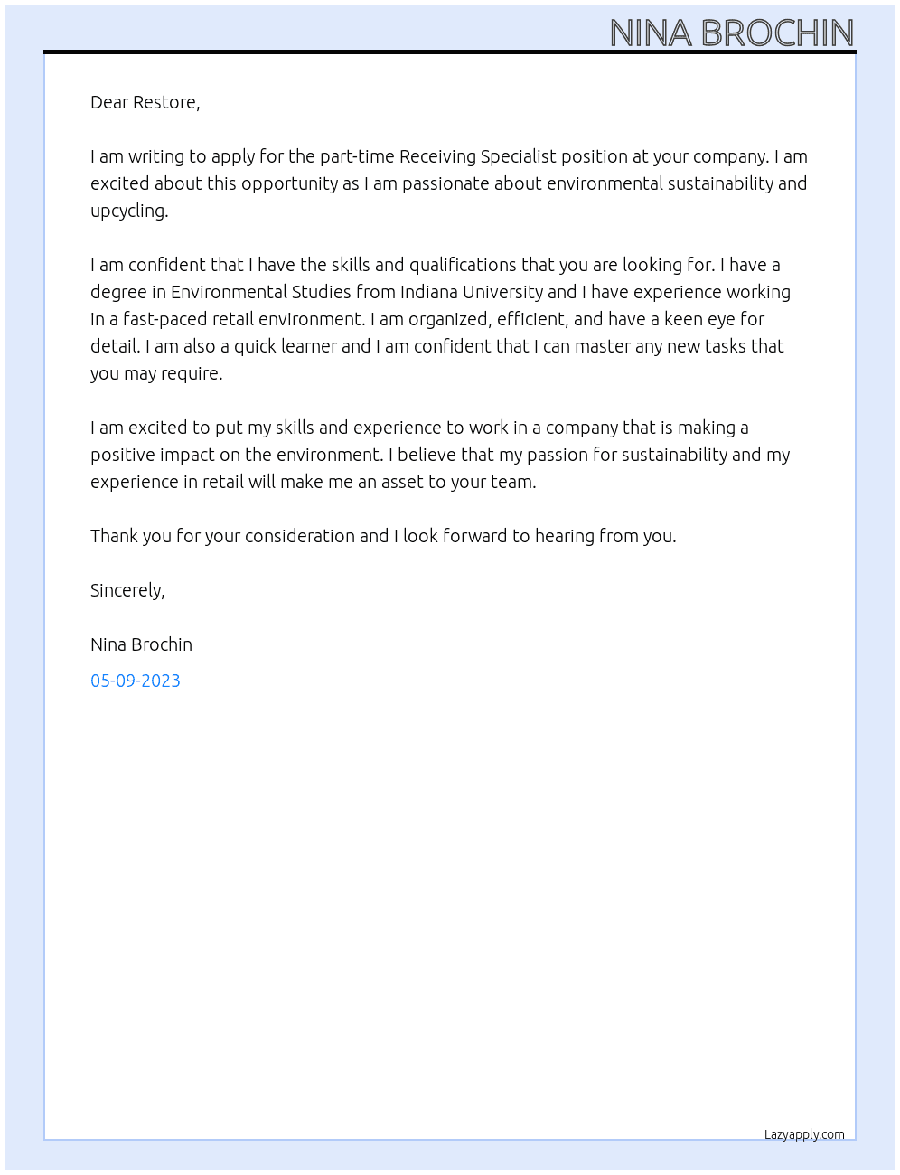 Receiving Specialist At Restore Cover Letter
