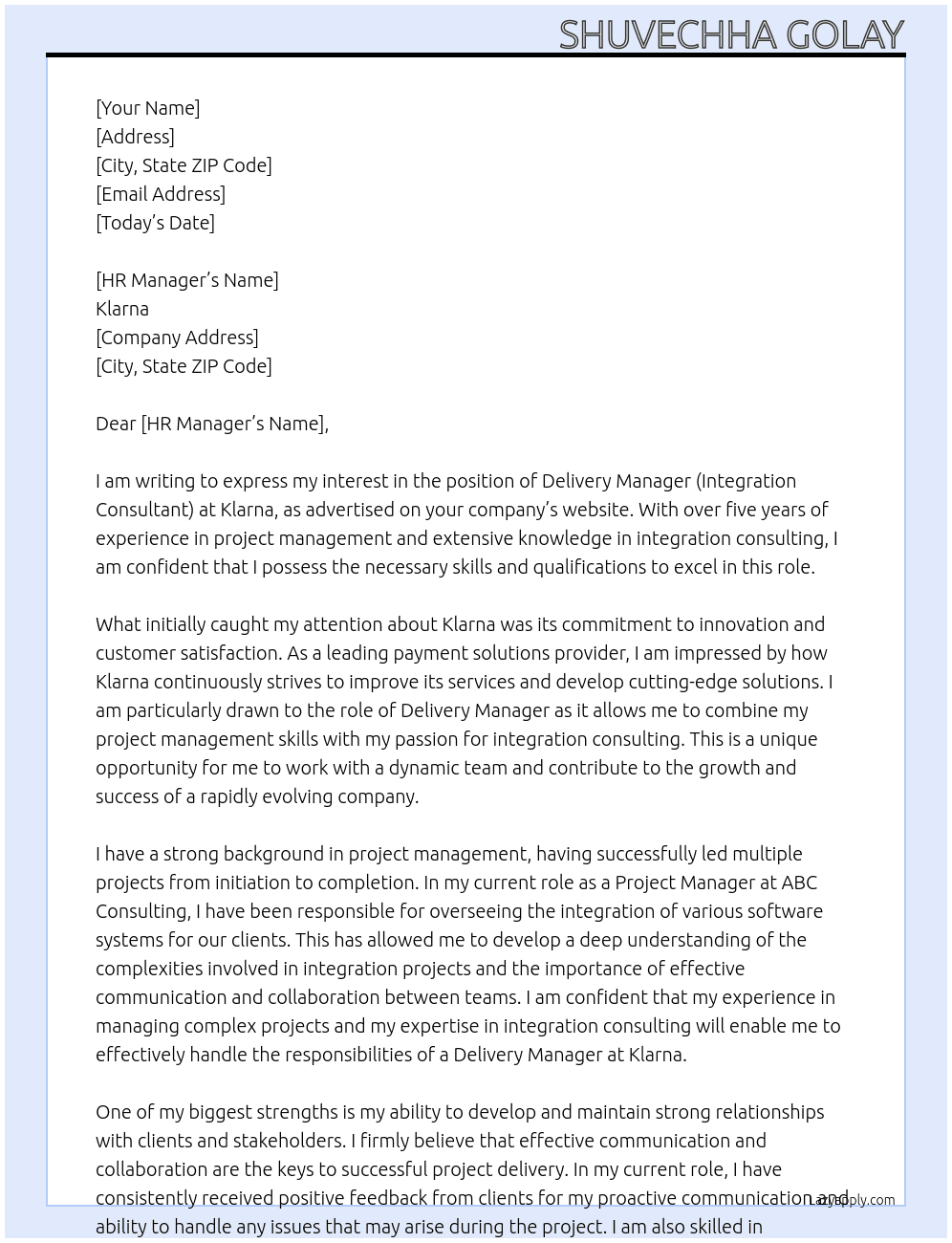 Delivery Manager (Integration Consultant) At Klarna Cover Letter
