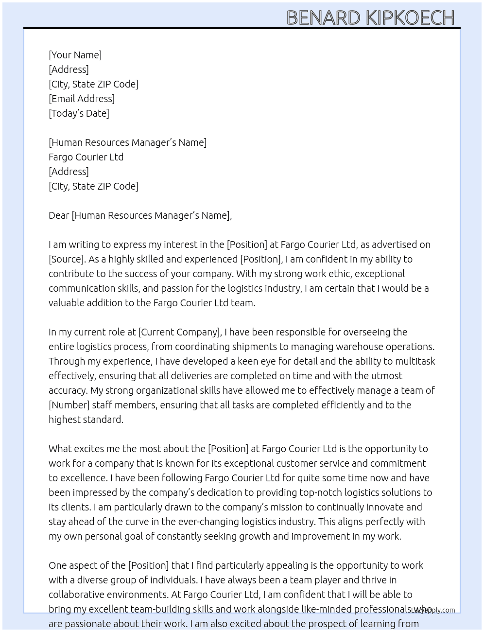 Fargo courier ltd At Fargo courier ltd staff Cover Letter