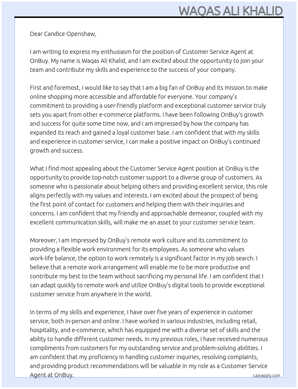 Customer Service Agent At OnBuy Cover Letter
