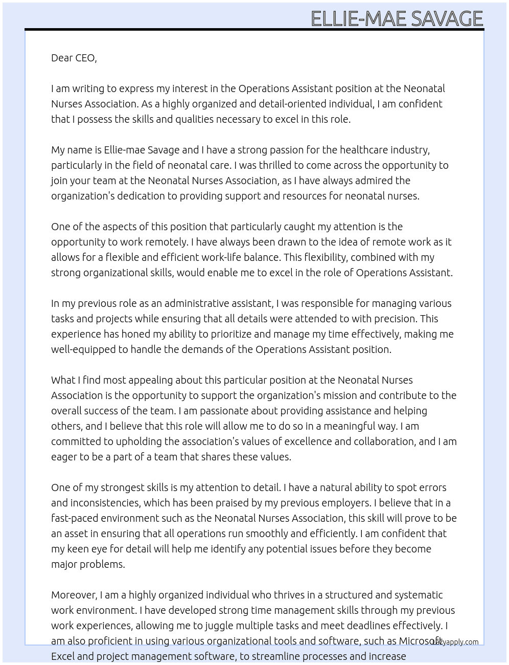 Operations assistant  At Neonatal nurses association  Cover Letter