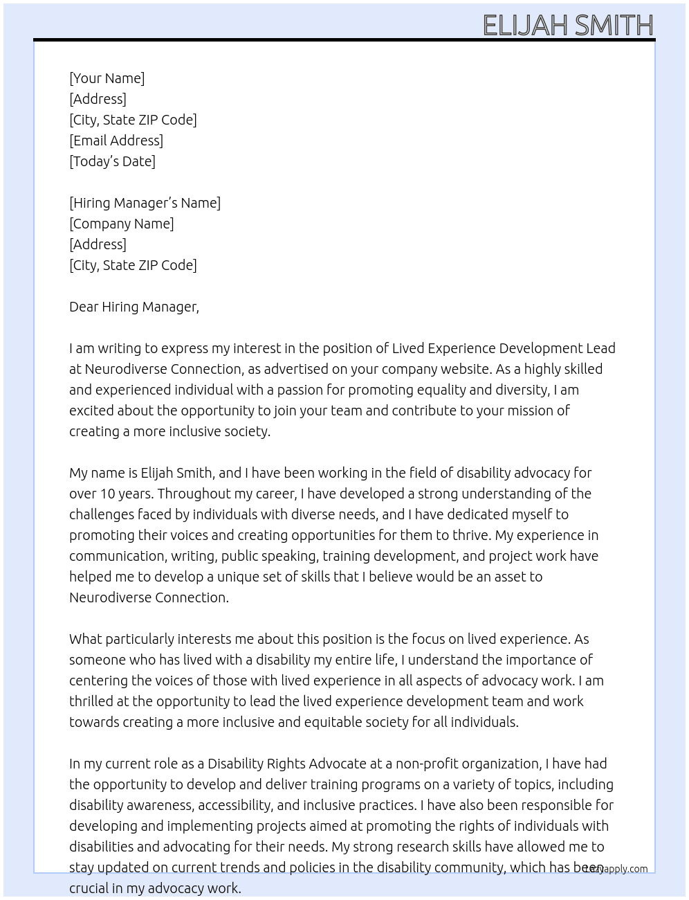 Lived Experience Development Lead At Neurodiverse Connection Cover Letter