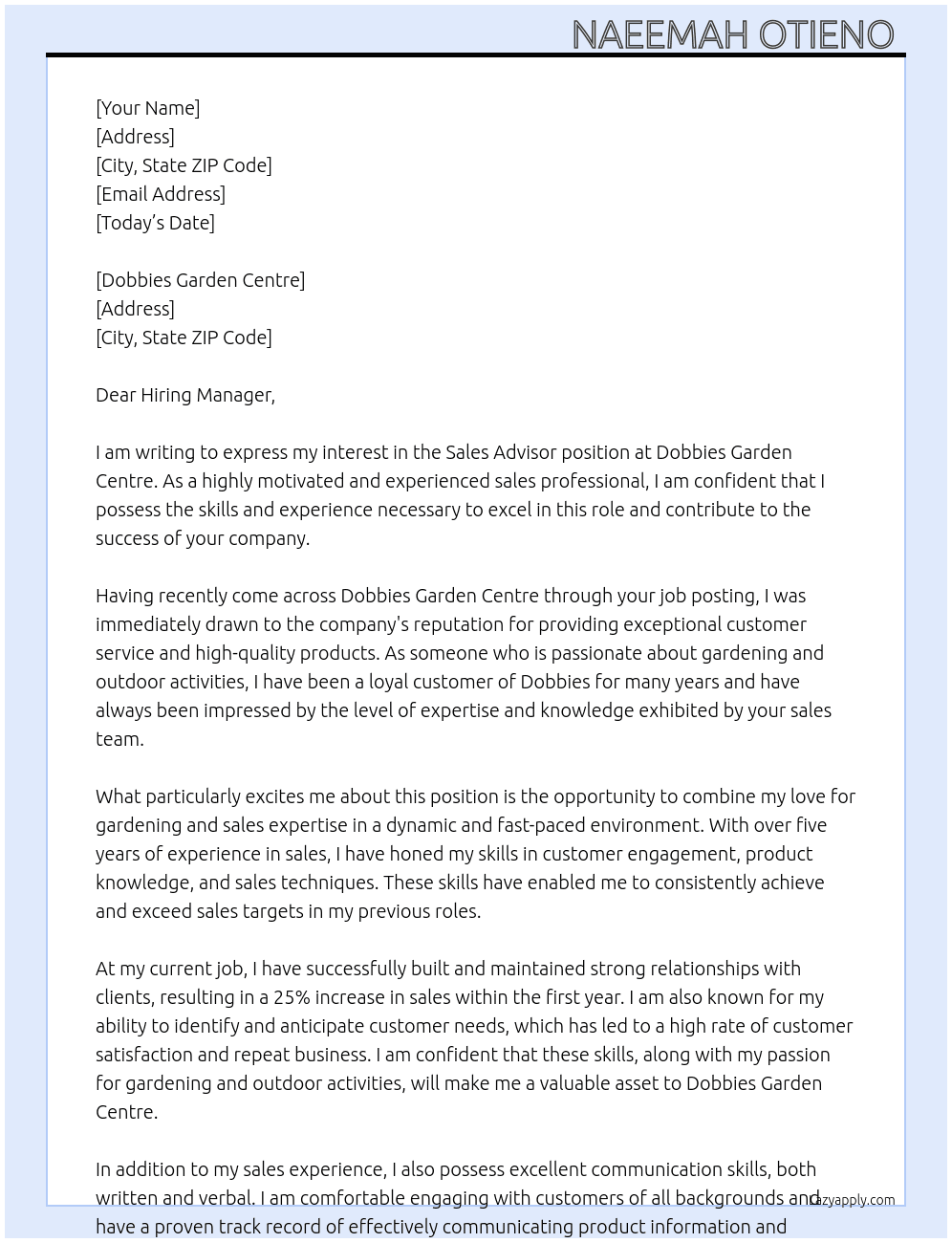 Sales advisor At Dobbies  Cover Letter