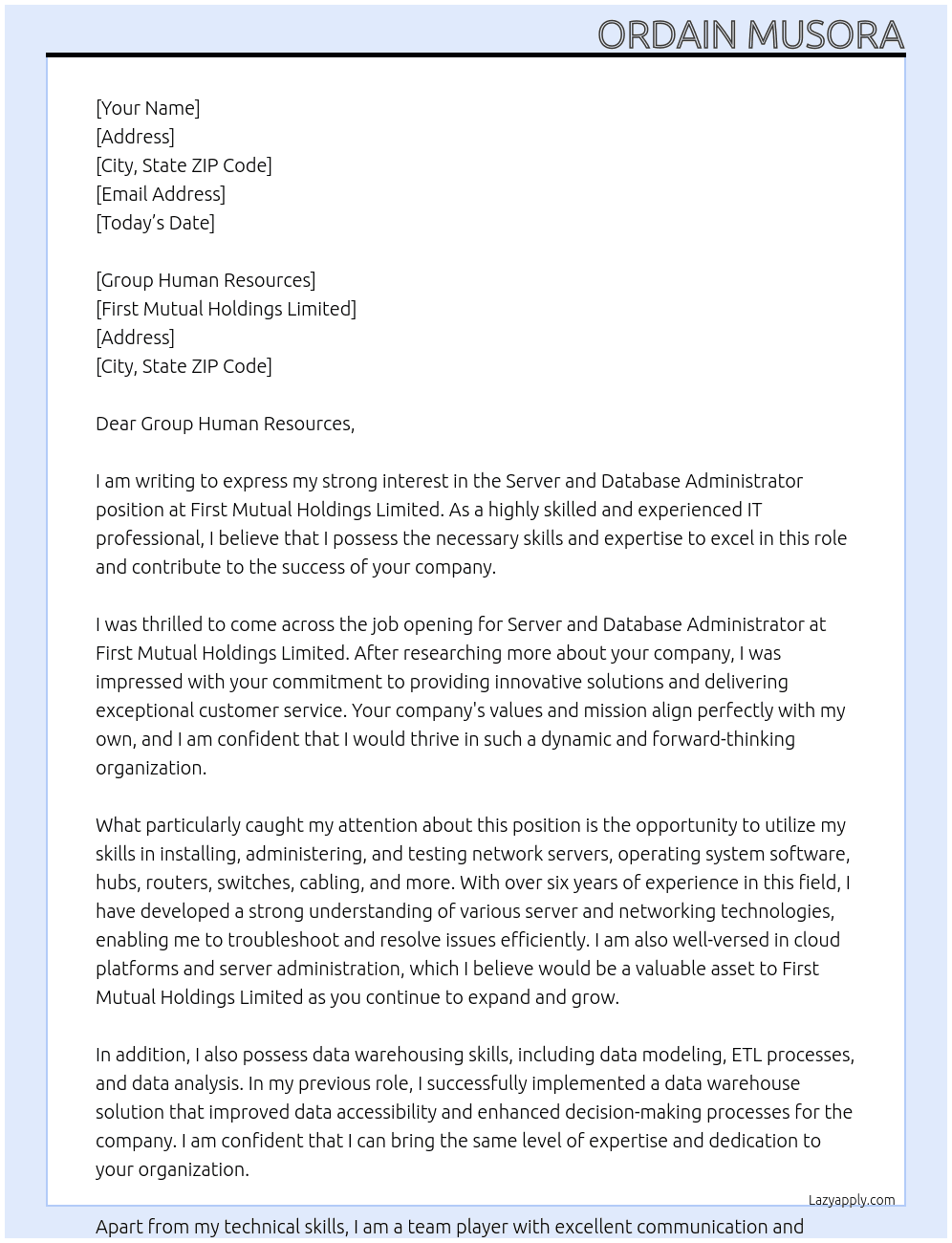 Server and Database Administrator At  First Mutual Holdings Limited Cover Letter
