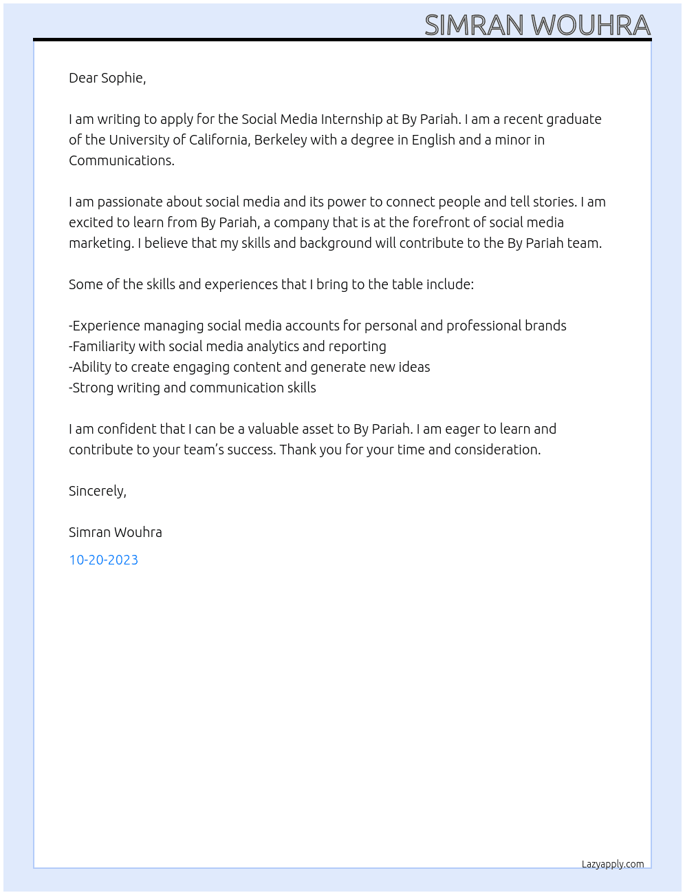 Social Media Internship At By Pariah  Cover Letter