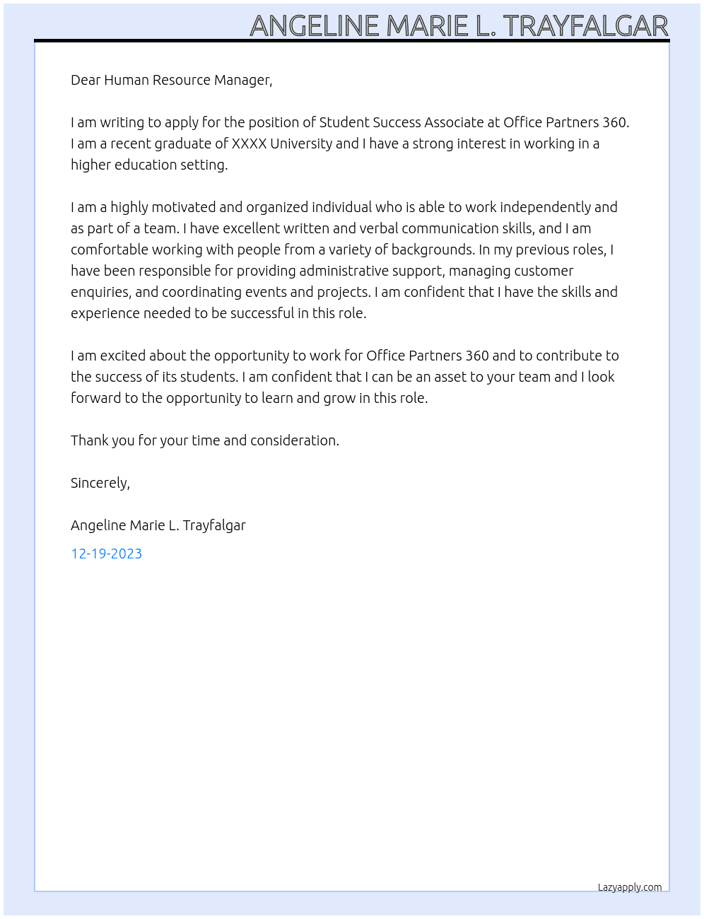 Student Success Associate At Office Partners 360 Cover Letter