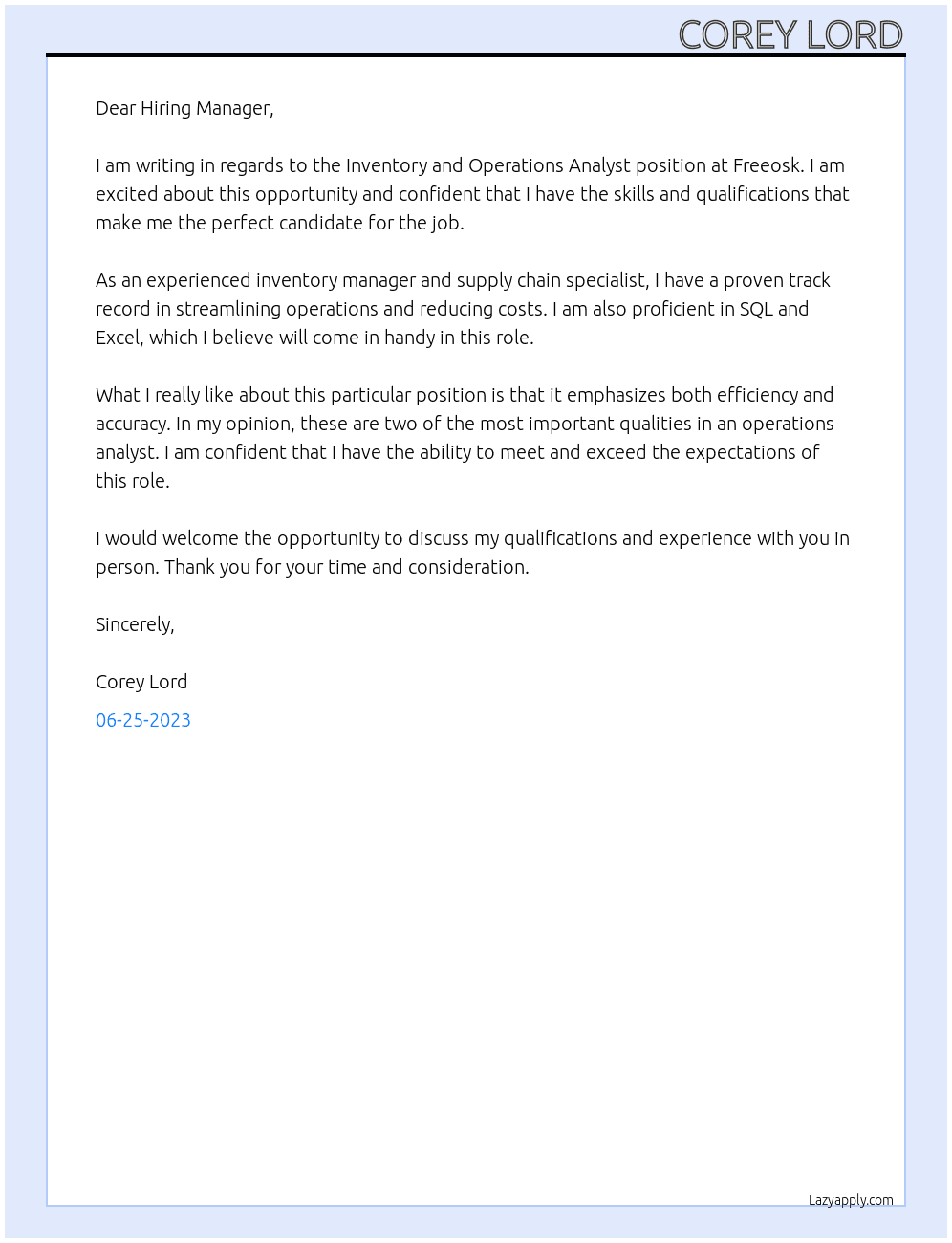 Inventory and Operations Analyst At Freeosk Cover Letter
