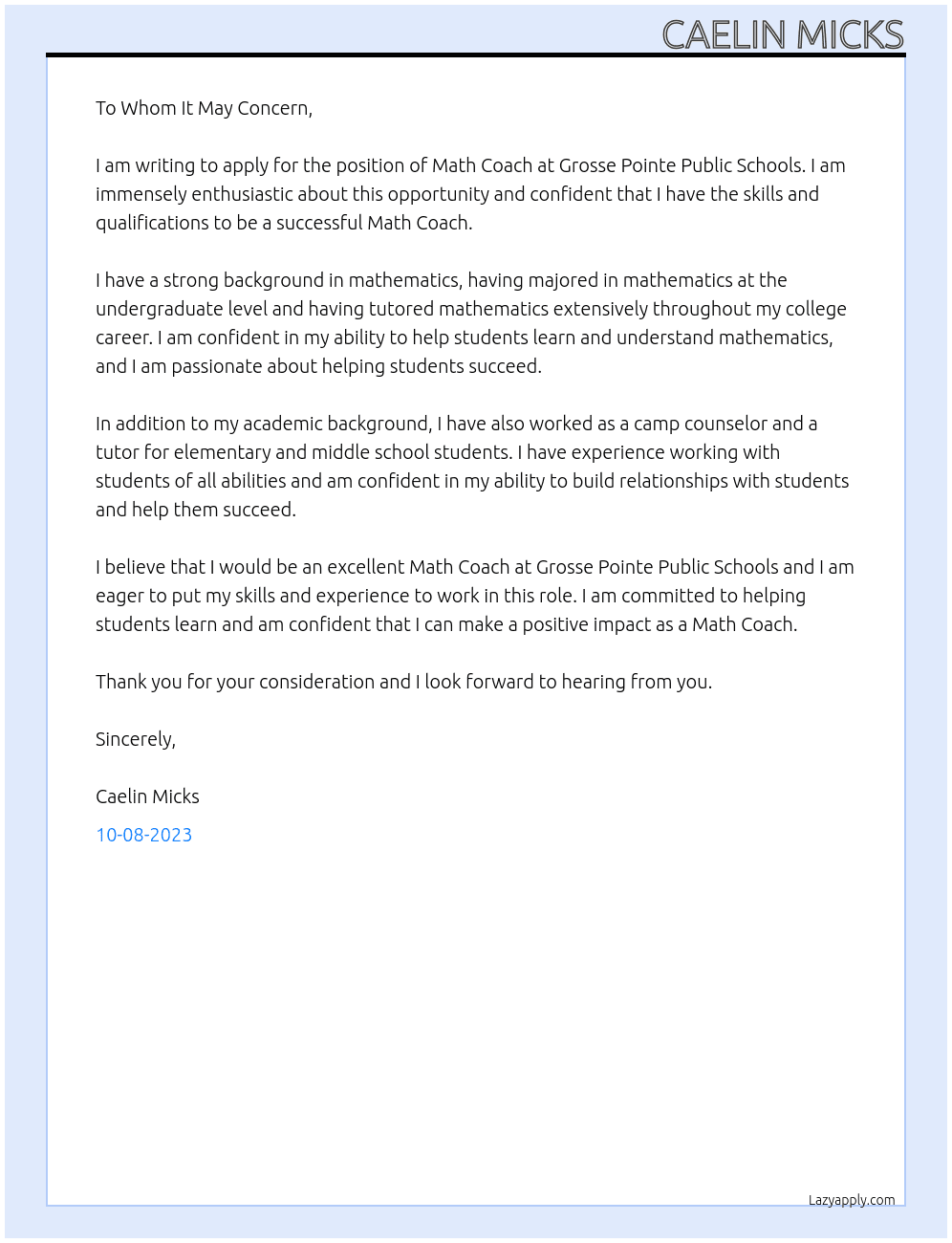 Math Coach At Grosse Pointe public schools Cover Letter