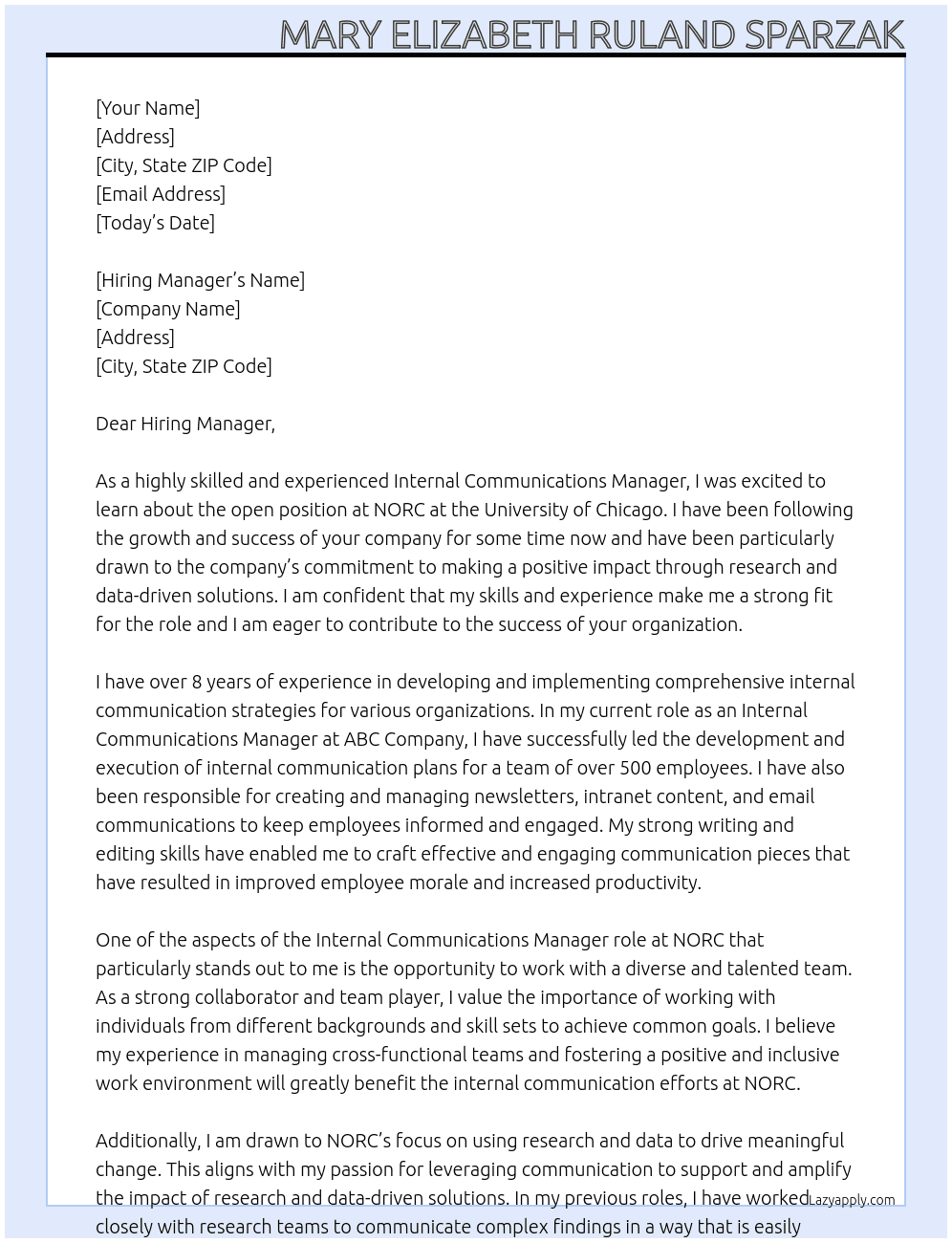 Internal Communications Manager At NORC at the University of Chicago Cover Letter