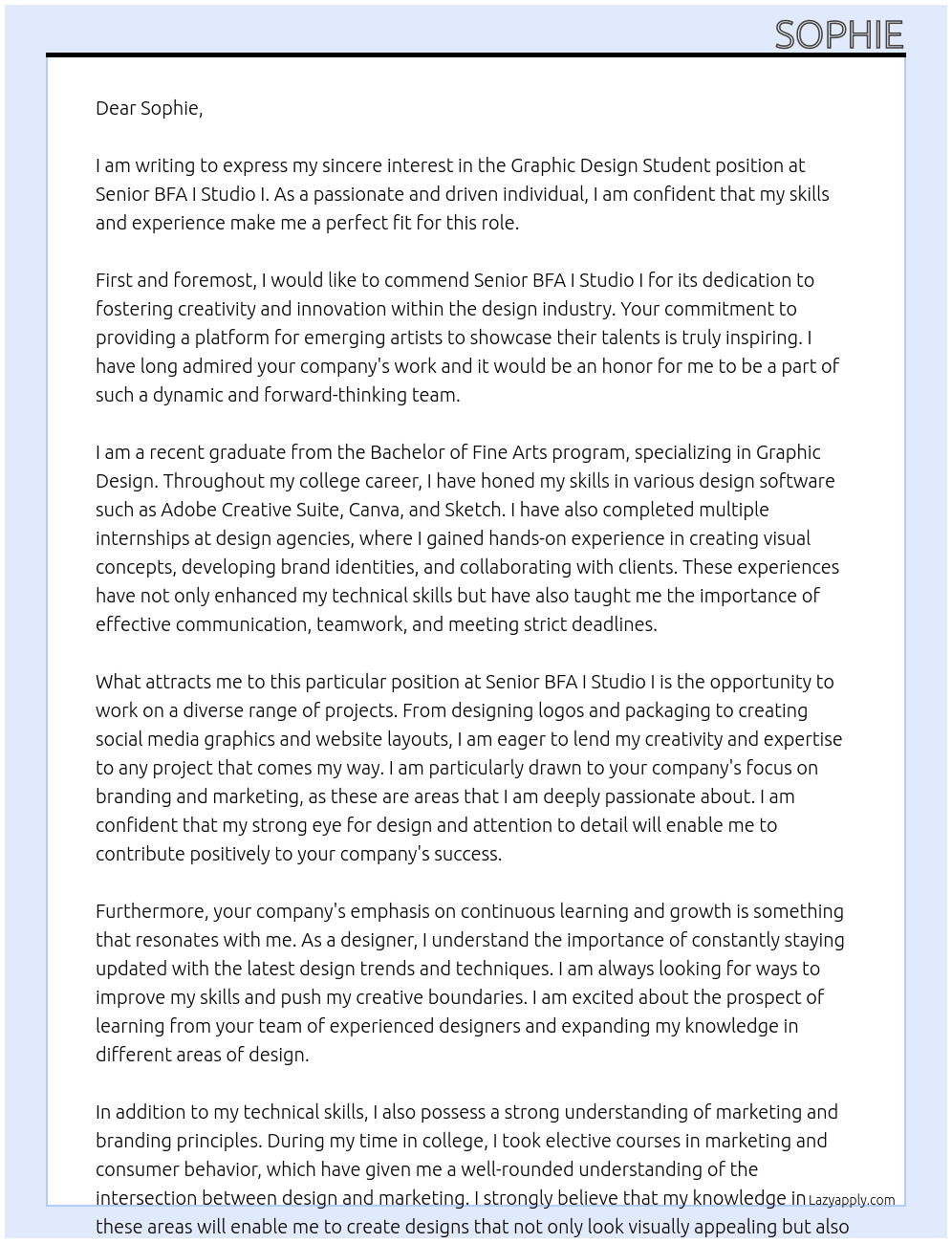 Graphic design student At Senior BFA I Studio I Cover Letter