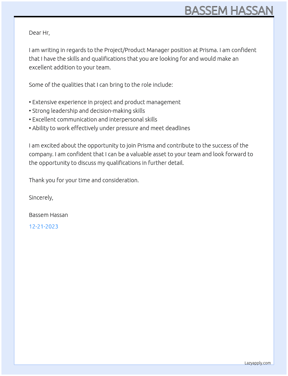 Project/Product Manager At Prisma Cover Letter