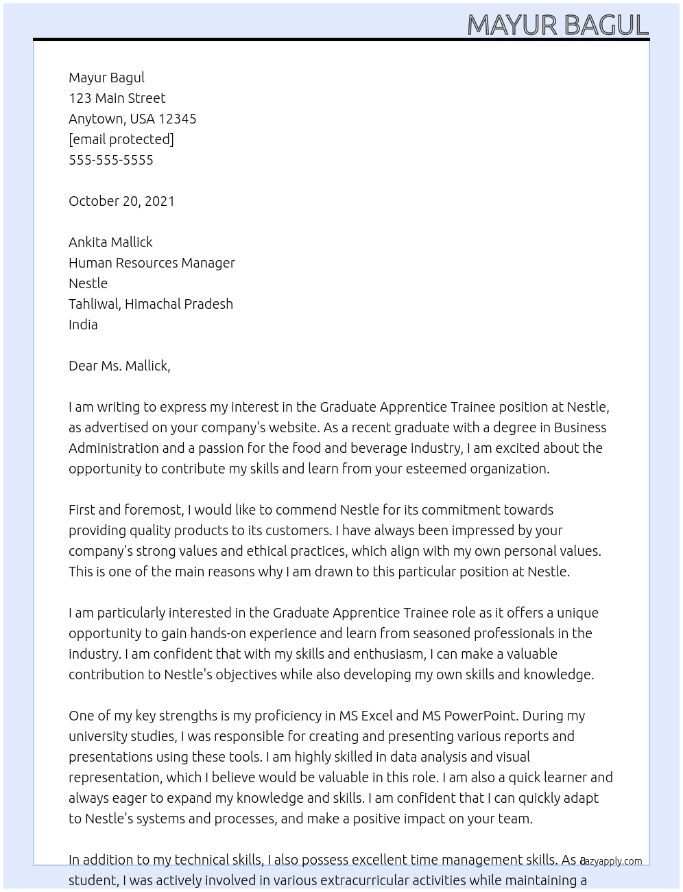 Graduate Apprentice Trainee At Nestle Cover Letter