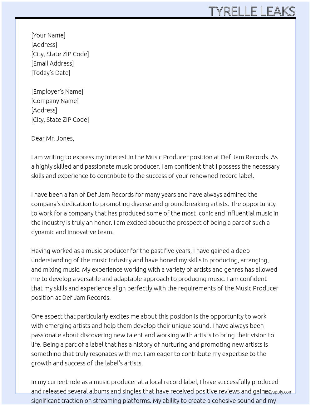 Music Producer At Def Jam Records Cover Letter