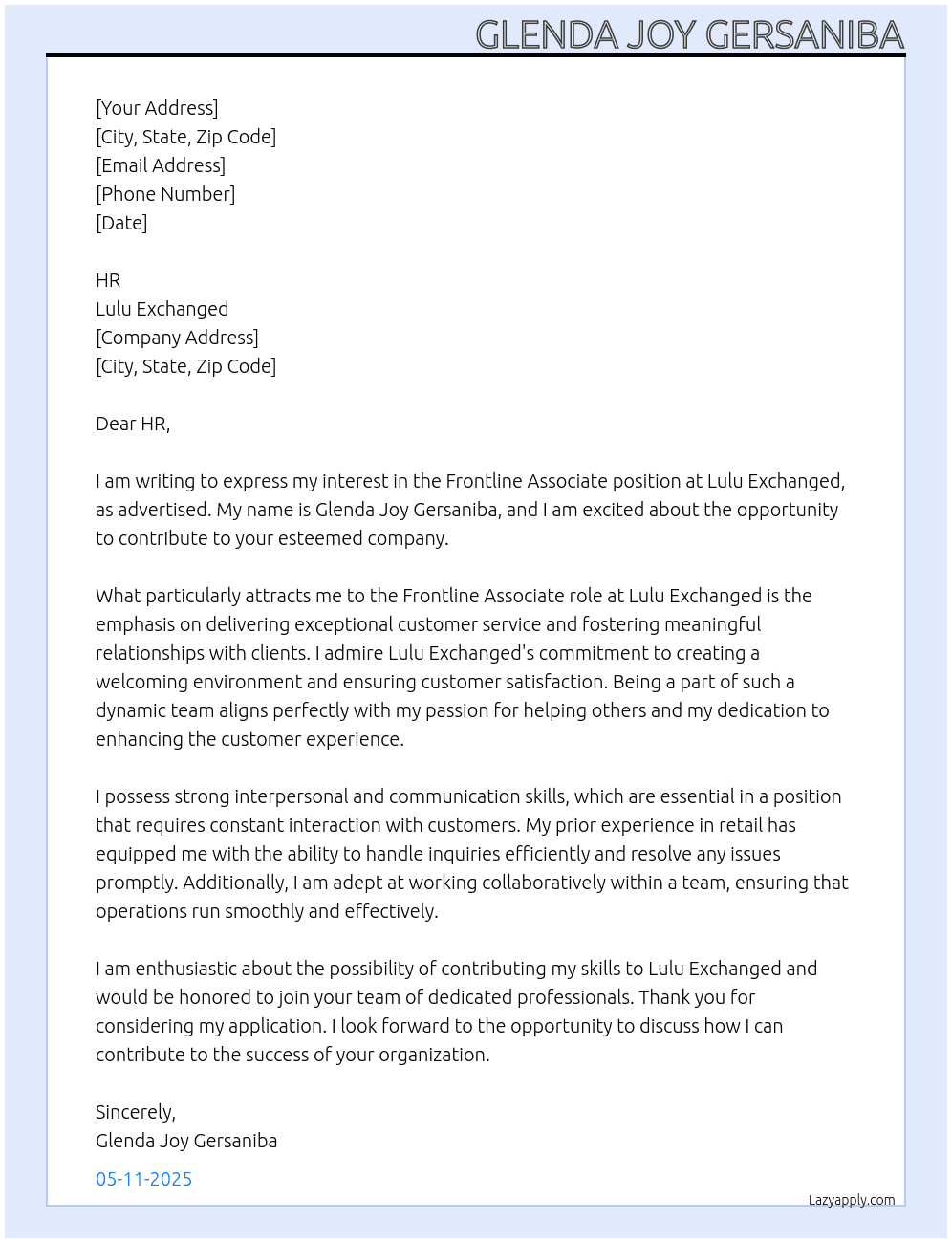 Frontline Associates  At Lulu Exchanged  Cover Letter