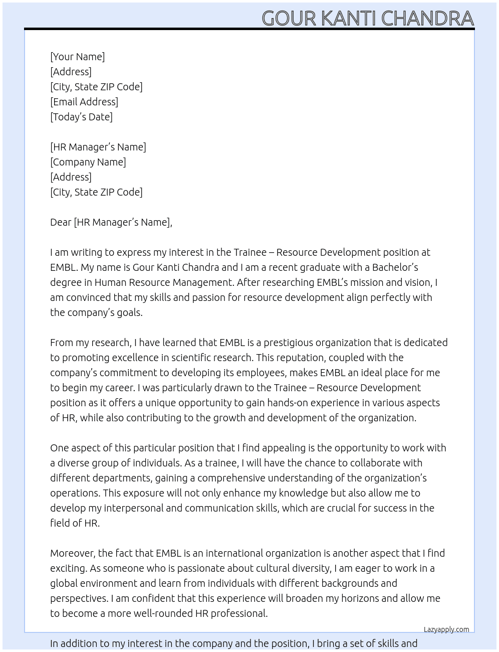 Trainee – Resource Development At EMBL Cover Letter