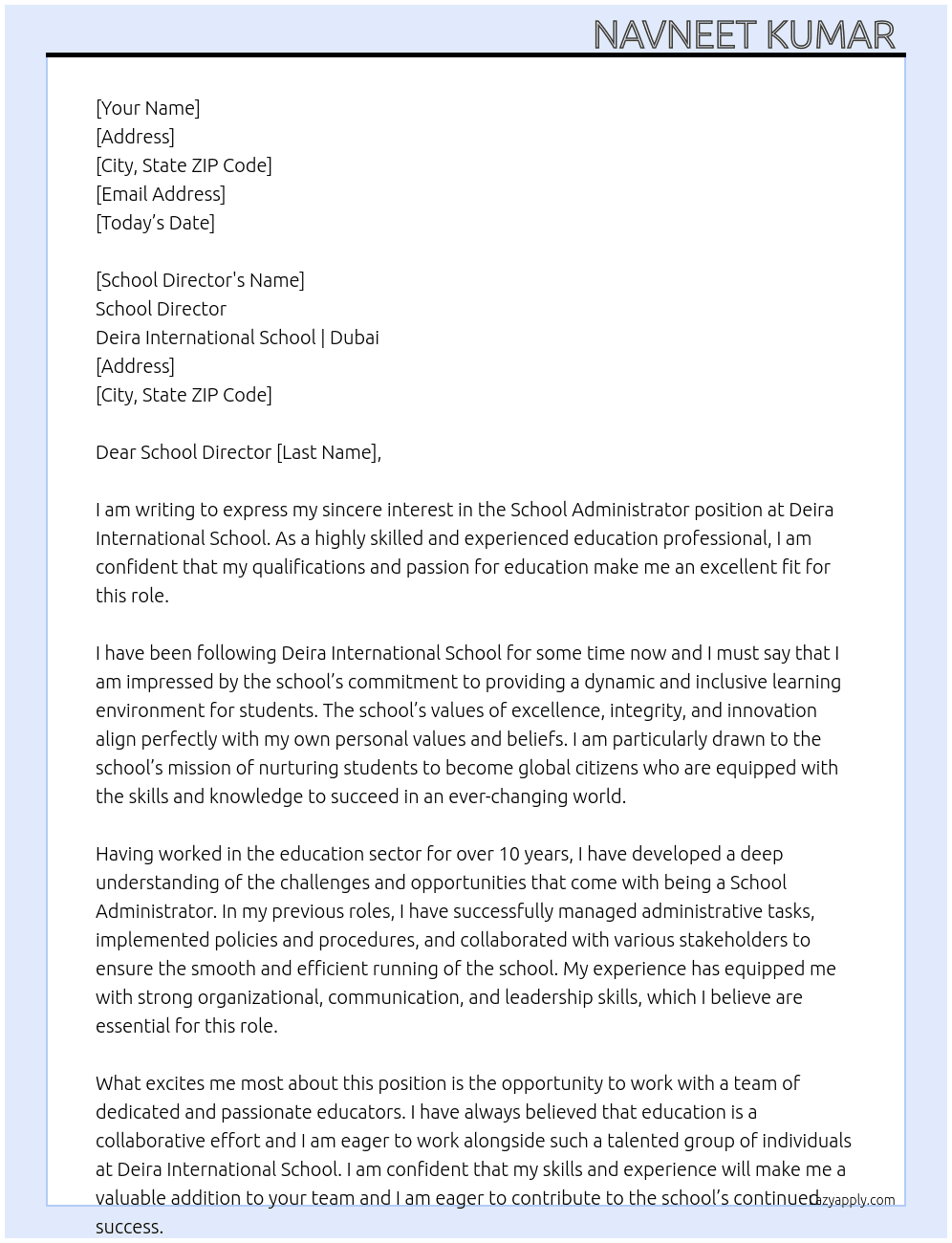 School Administrator  At Deira International School | Duba Cover Letter