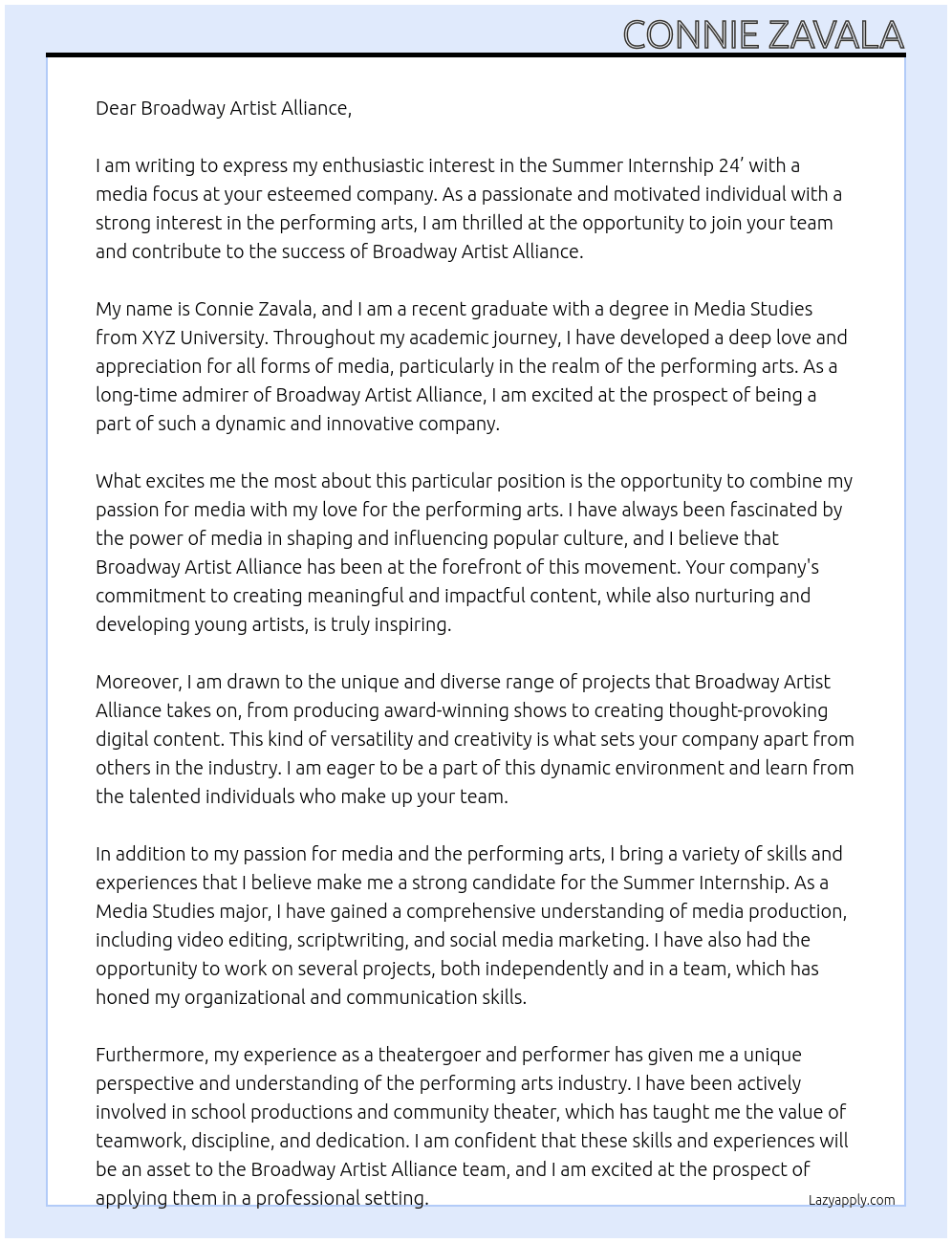 Summer Internship 24’ /Media focus  At Broadway Artist Alliance Cover Letter