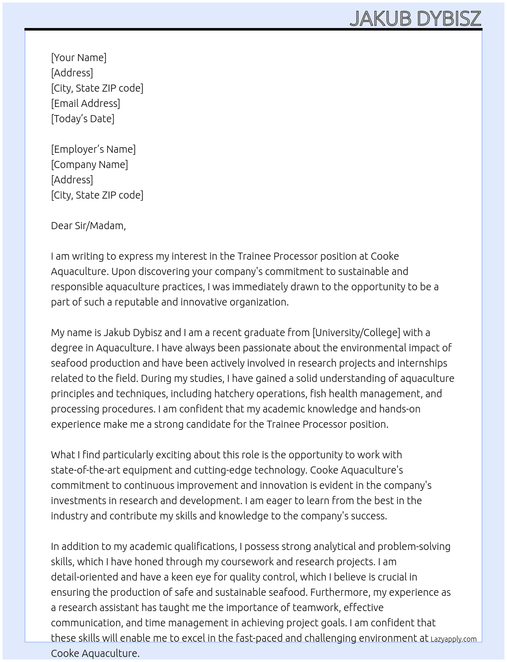 Trainee Processor At Cooke Aquaculture Cover Letter