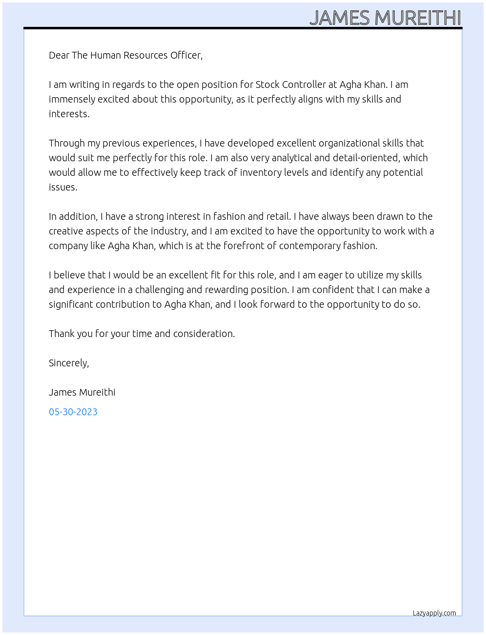 Stock Controller At Agha Khan Cover Letter