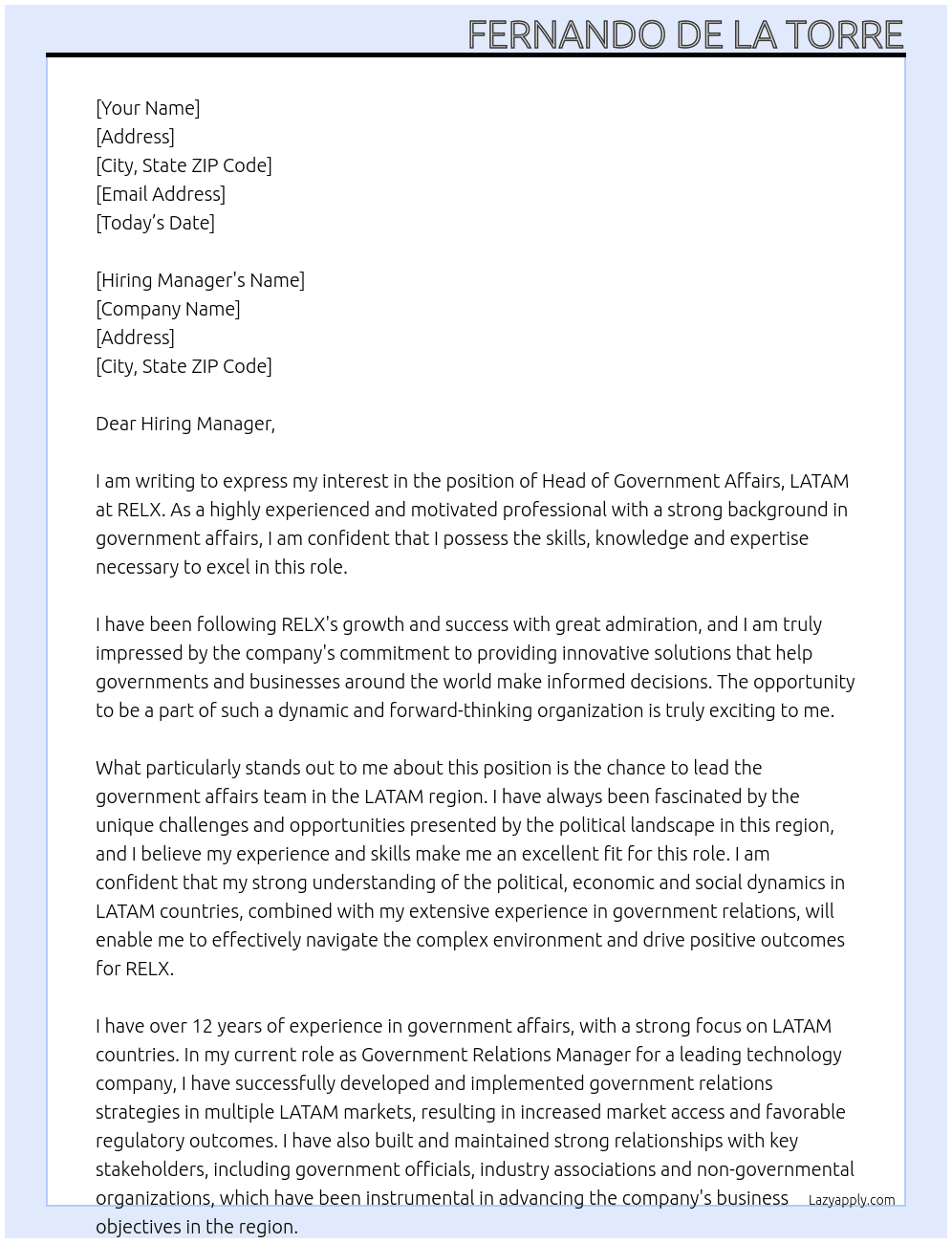 Head of Government Affairs, LATAM At RELX Cover Letter