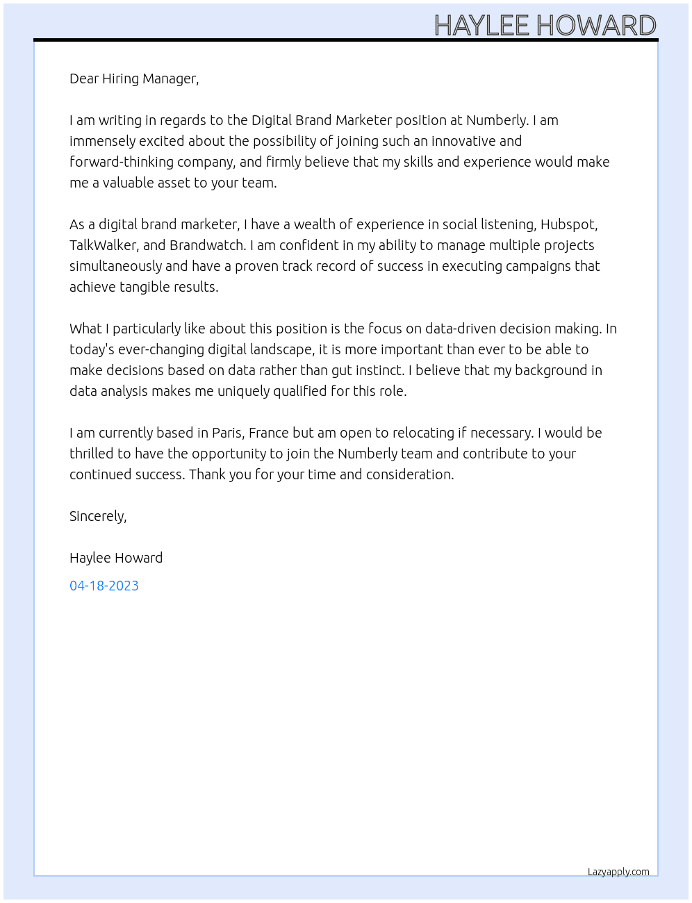 digital brand marketer At Numberly Cover Letter
