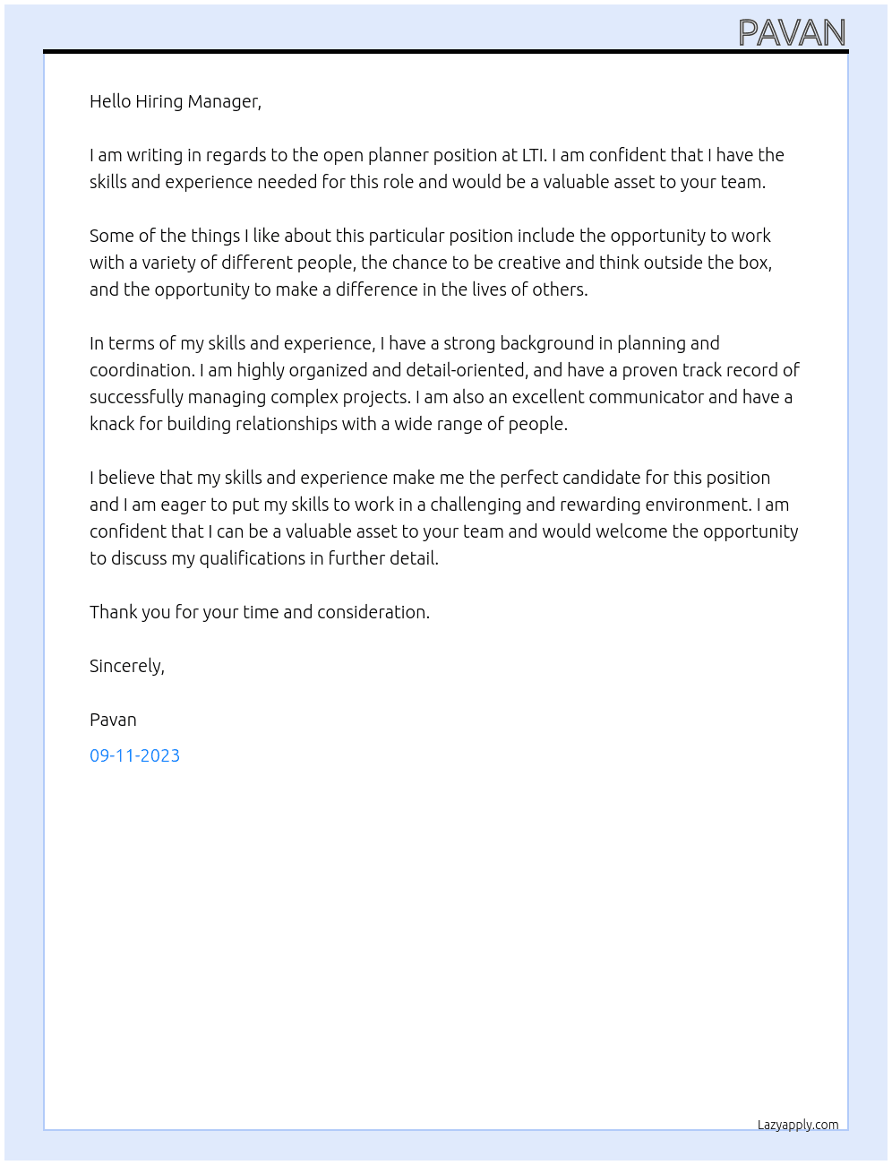 Planner At LTI Cover Letter