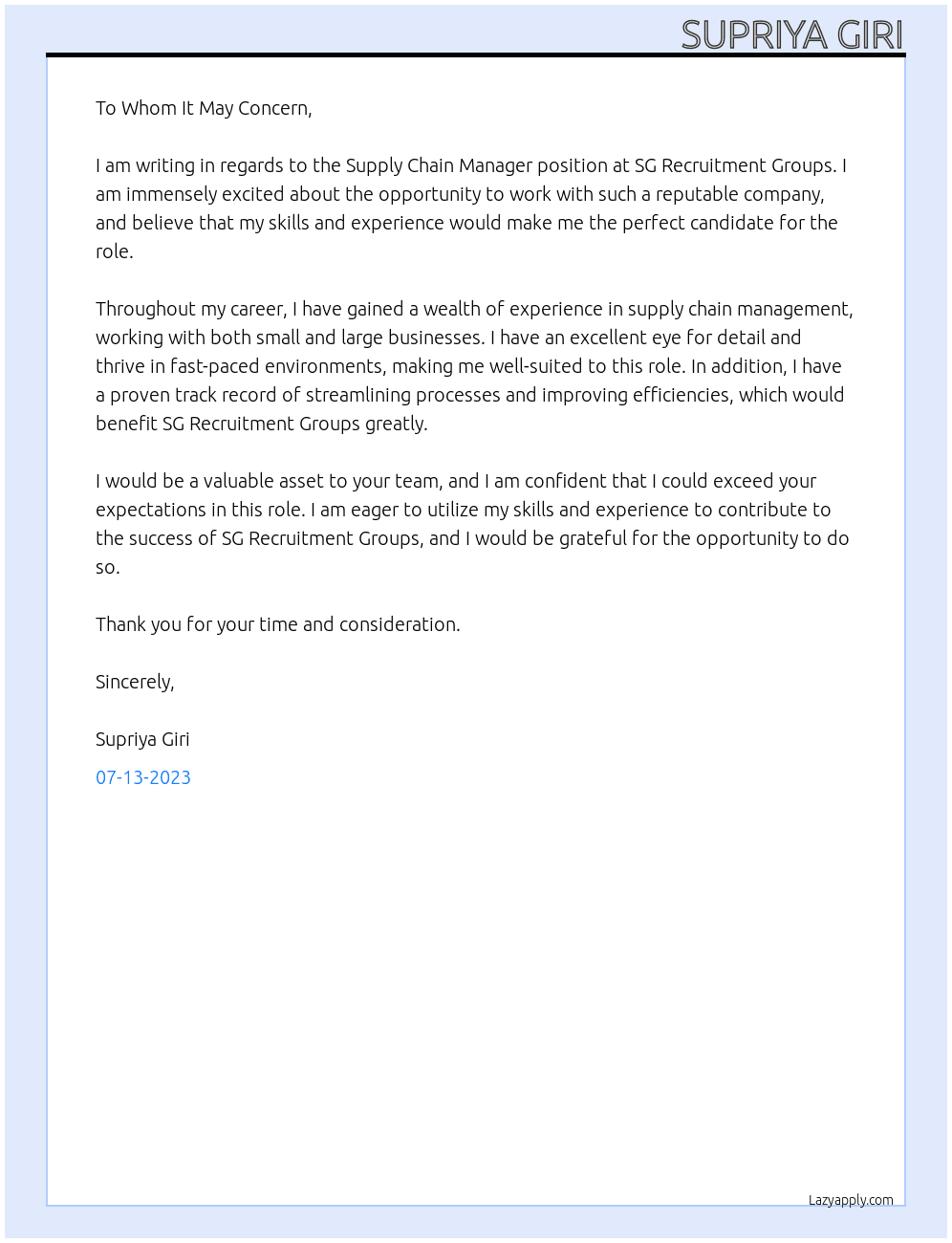 Supply Chain Manager At FMCG, Marketing Companies Cover Letter