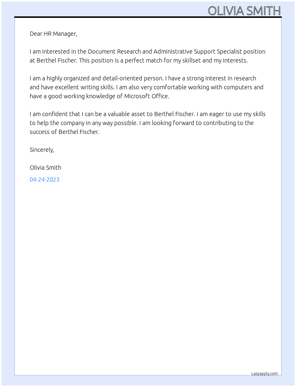 Document Research and Administrative Support Specialist At Berthel Fischer Cover Letter