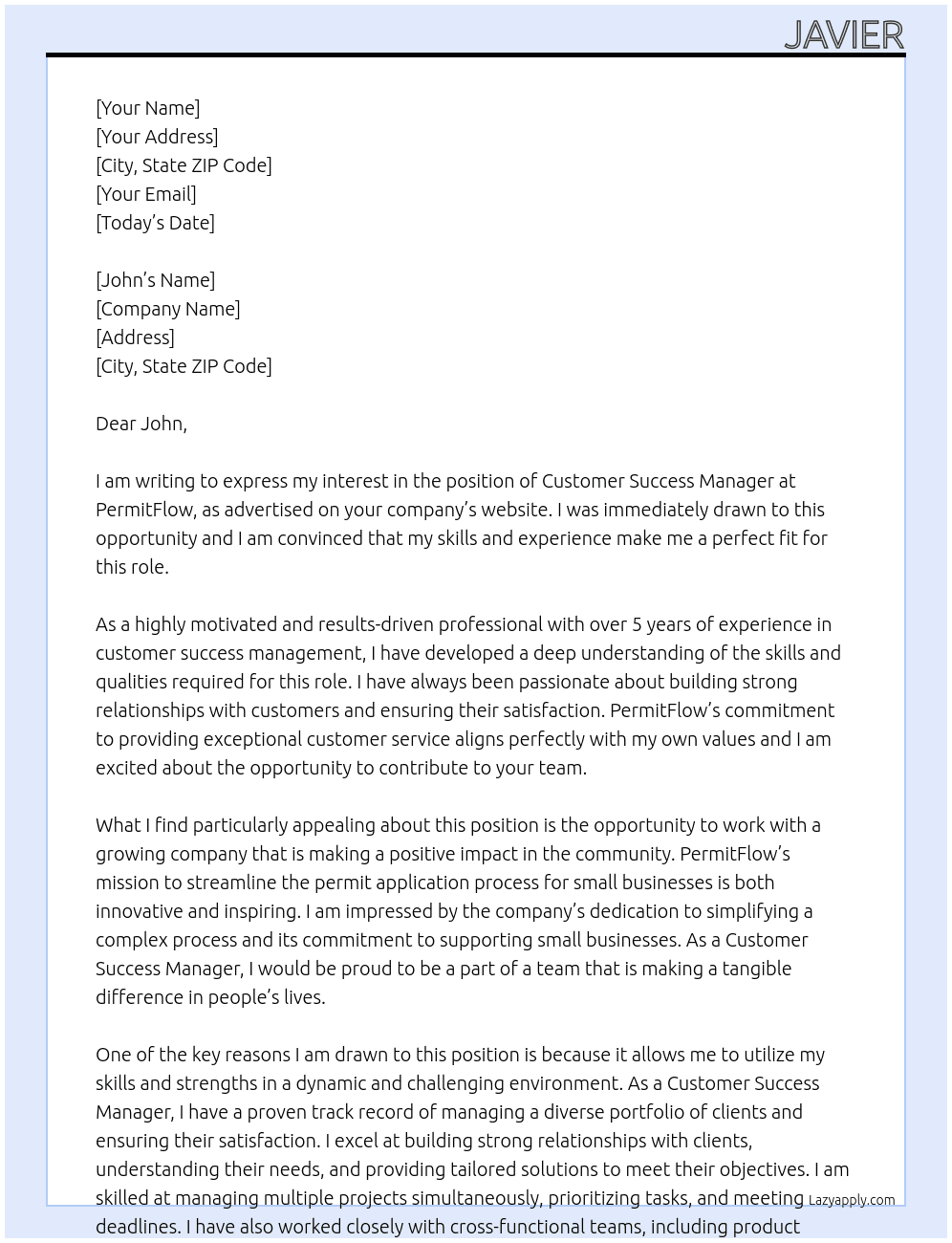 Customer Success Manager At PermitFlow Cover Letter