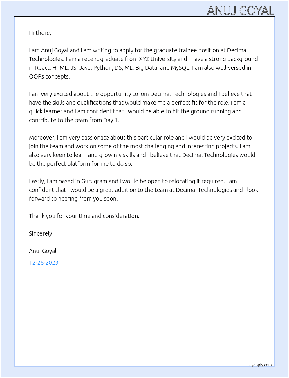 graduate trainee At decimal technologies Cover Letter