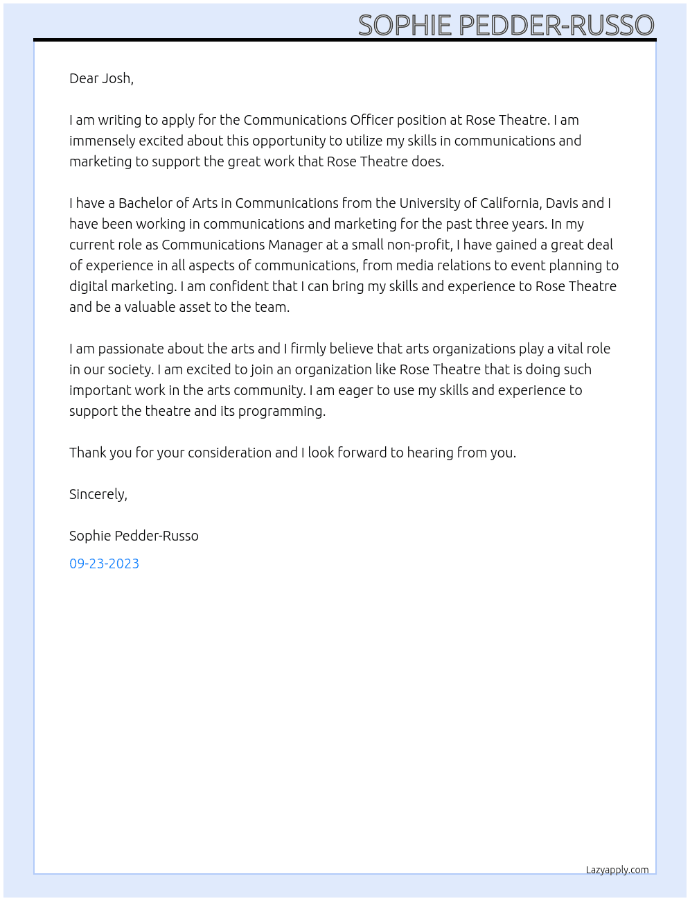 Communications Officer At Rose Theatre Cover Letter