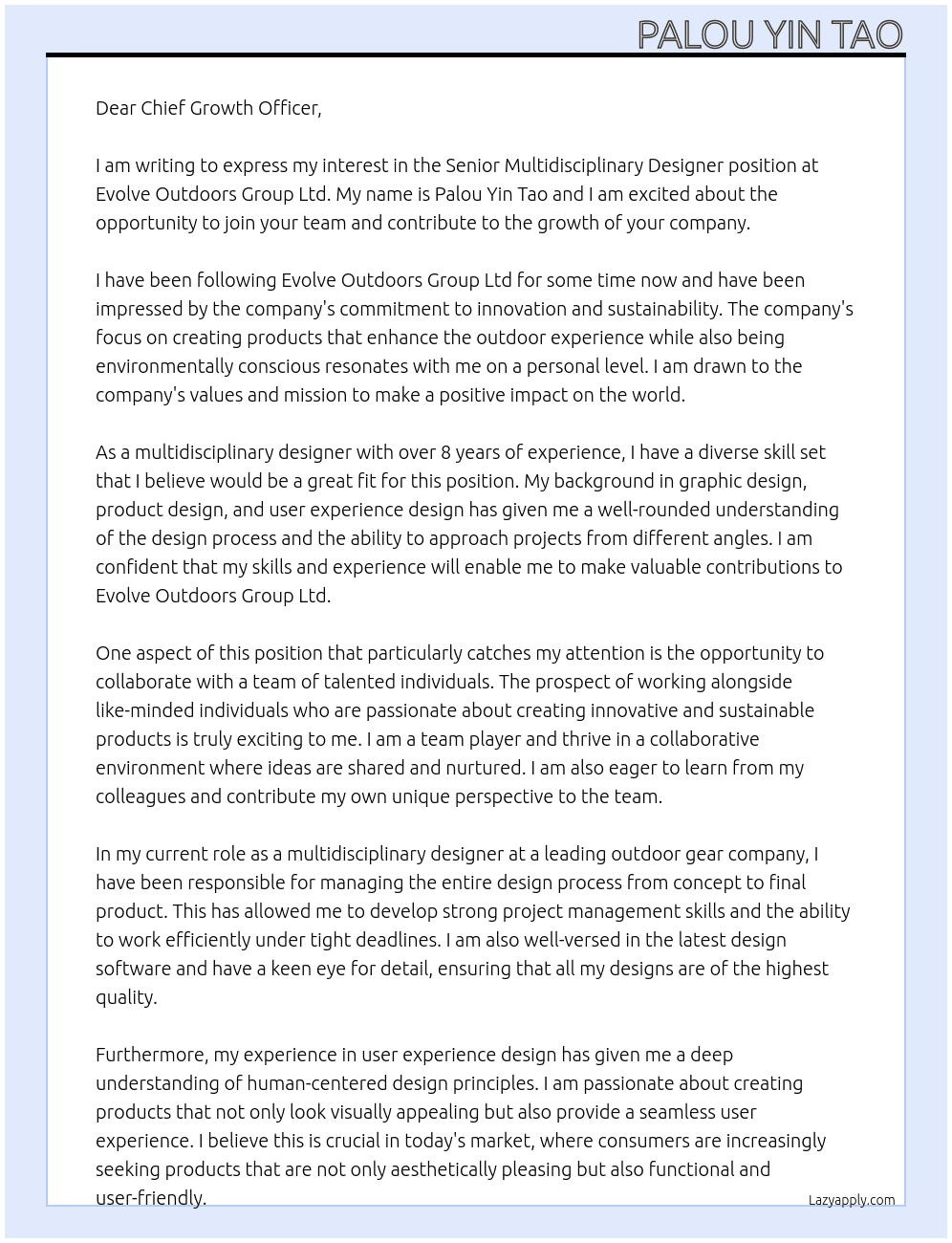 Cover letter for senior multidisciplinary designer - LazyApply