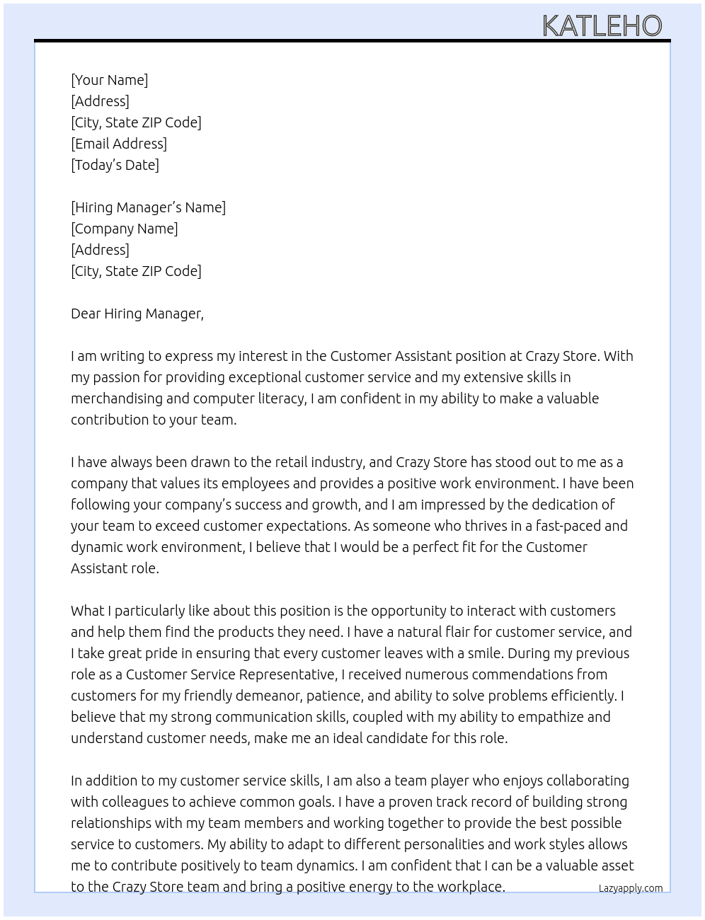 customer assistant At Crazy Store Cover Letter