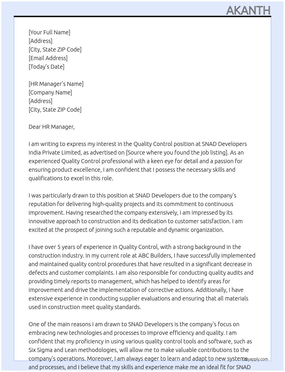 QUALITY CONTROL At SNAD DEVELOPERS INDIA PRIVATE LIMITED Cover Letter