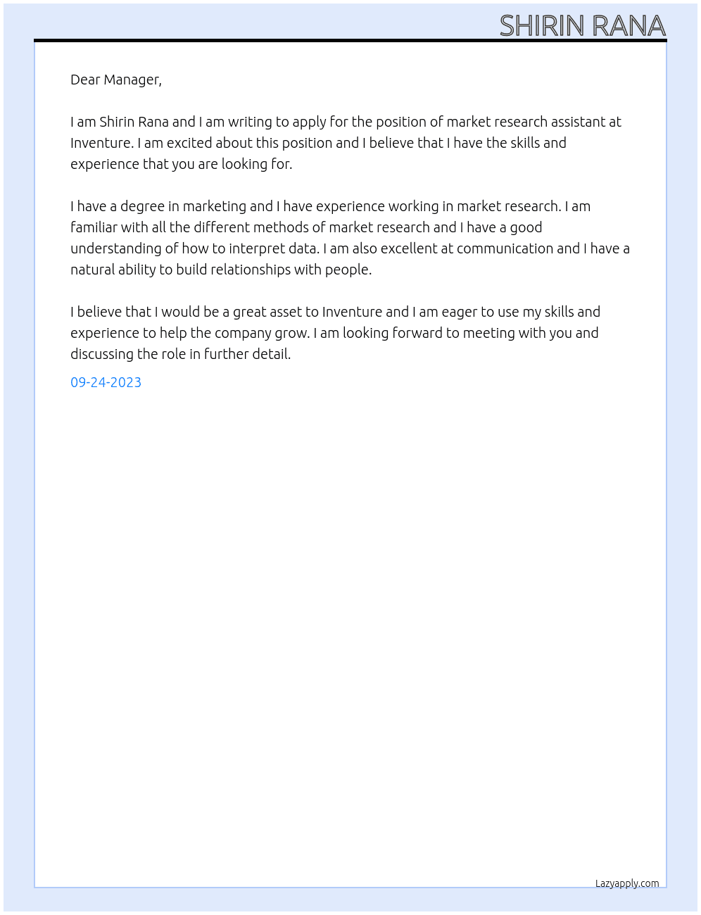 Market research assistant  At Inventure Cover Letter