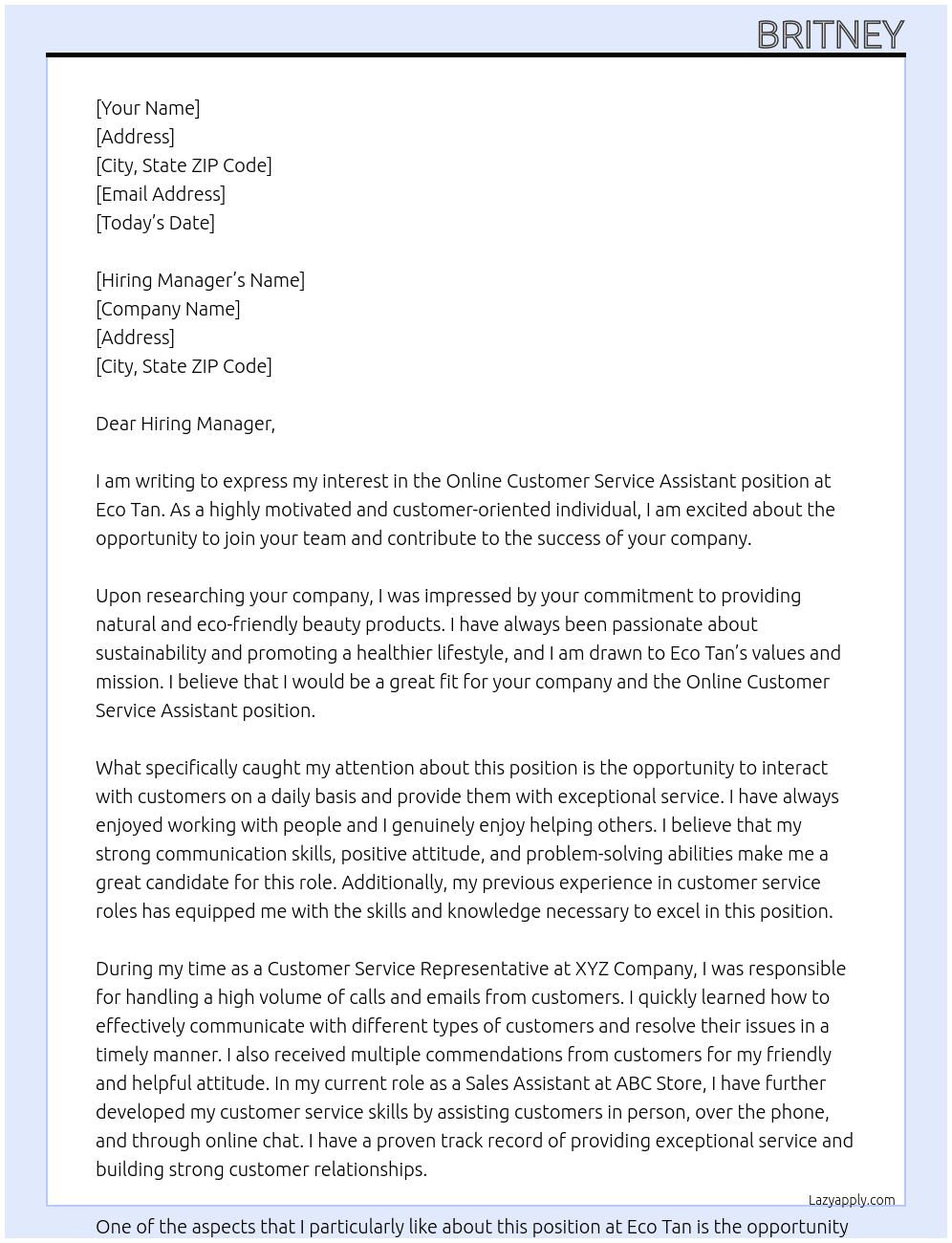Online Customer Service Assistant At Eco Tan Cover Letter
