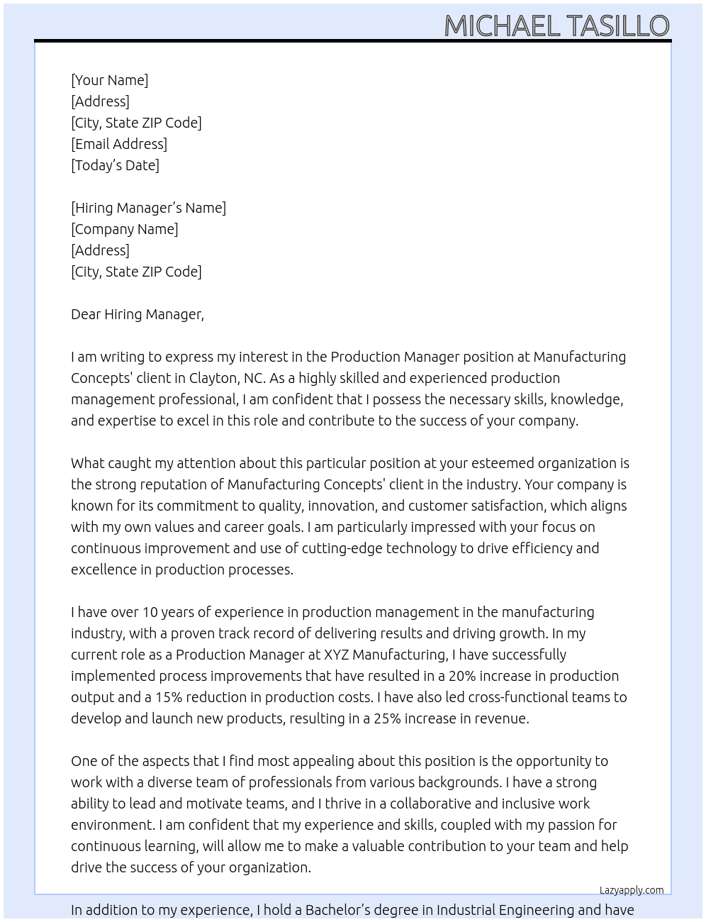 Production Manager At Manufacturing Concepts' client Cover Letter