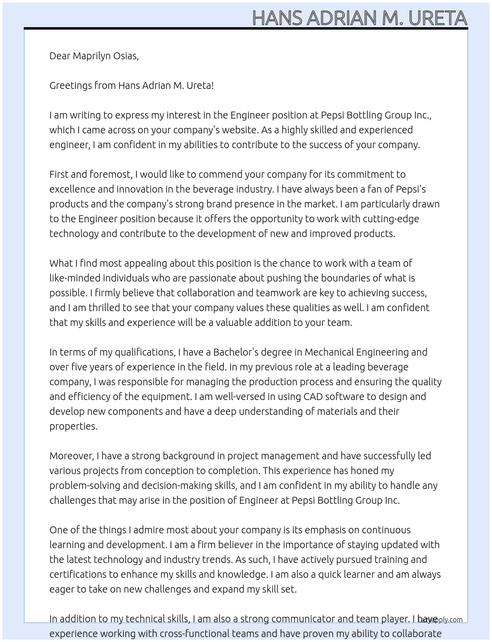 Engineer At Pepsi Bottling Group Inc. Cover Letter