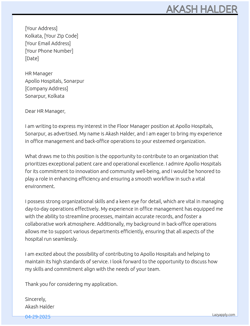 Floor Manager At Apollo Hospitals, Sonarpur Cover Letter