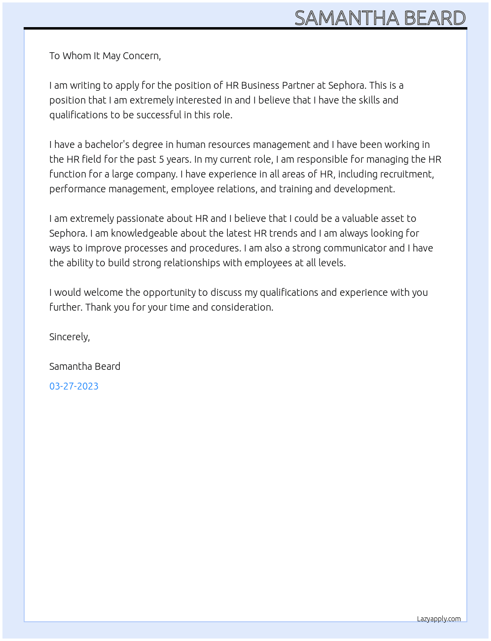 HR Business Partner At Sephora Cover Letter