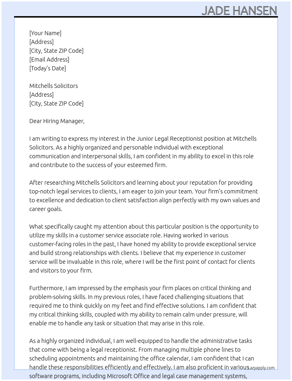 Junior Legal Receptionist At Mitchells Solicitors Cover Letter