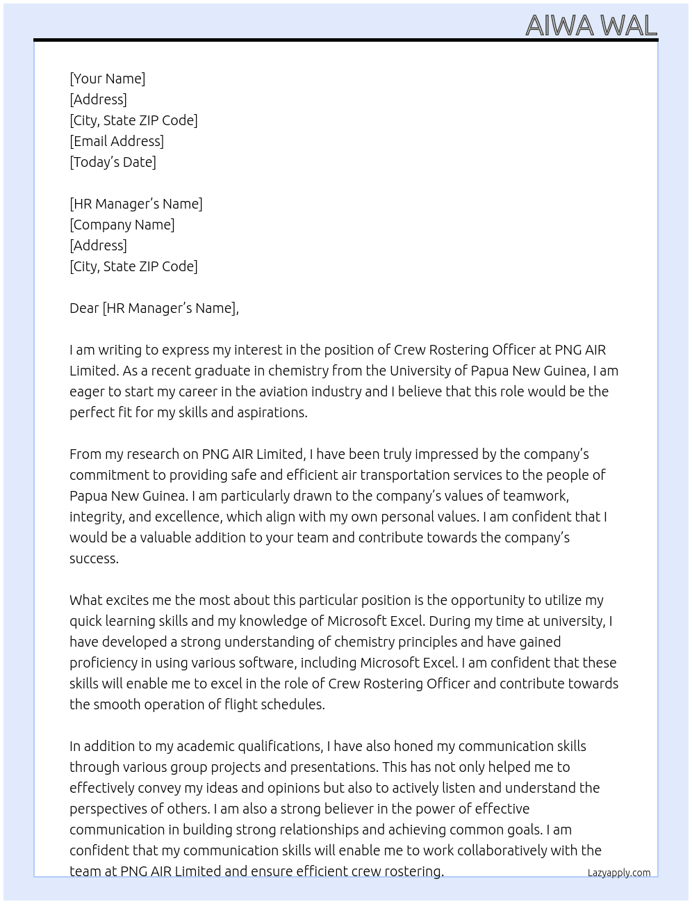 CREW ROSTERING OFFICER At PNG AIR Limited Cover Letter