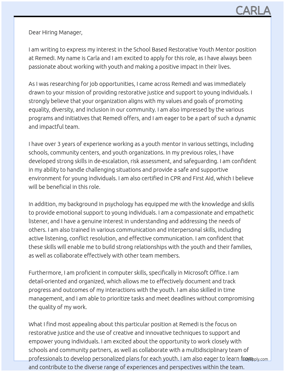 School based restorative youth mentor At Remedi Cover Letter