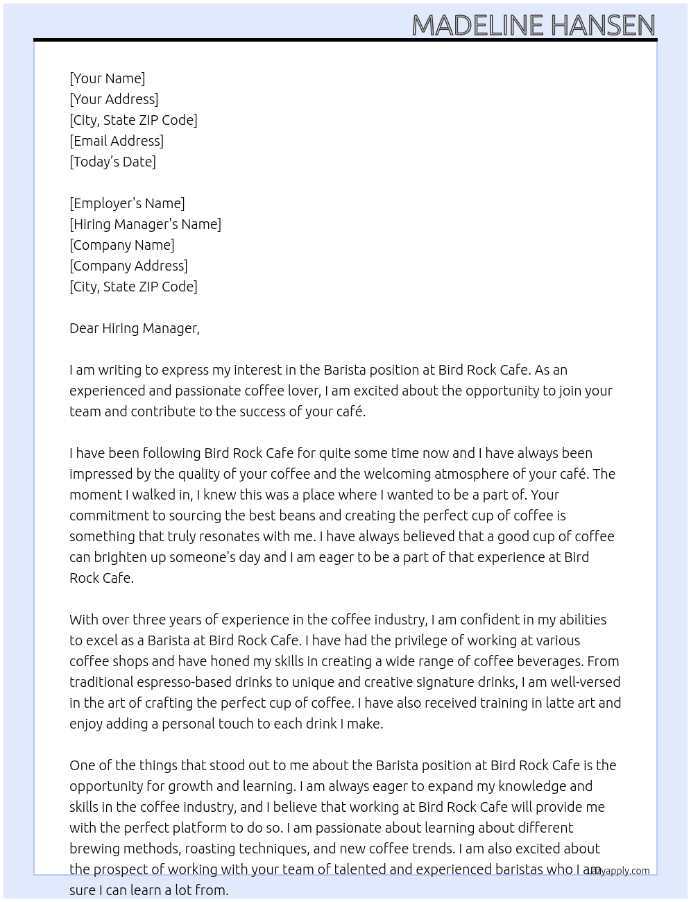 Barista At Bird Rock Cafe Cover Letter