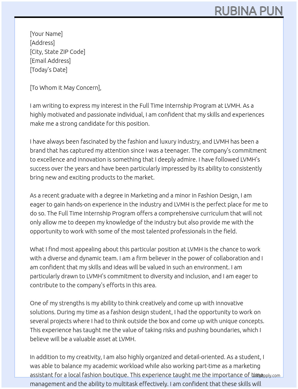 FULL TIME INTERNSHIP PROGRAM At LVMH Cover Letter